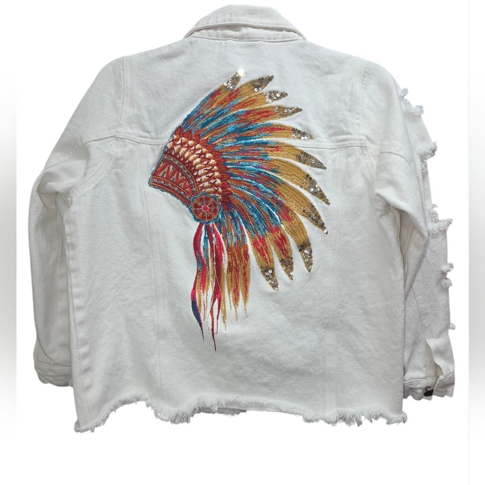 White Distressed Denim Jacket‎ Sequin Embroidered Headdress Cropped Boho Feather